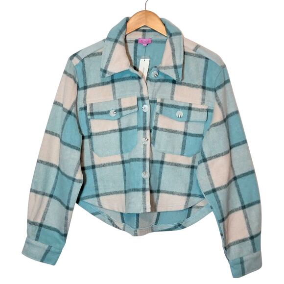 Mi ami Francesca Cropped Plaid Shacket Blue Cream Fall Winter Layering Jacket L - Picture 15 of 15